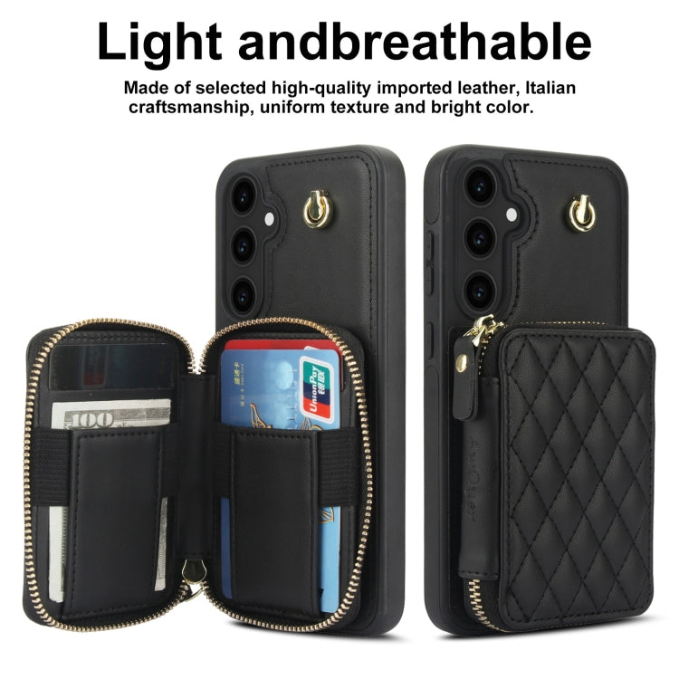 For Samsung Galaxy S23 FE 5G AwQuer Crossbody Zipper Wallet Rhombic Leather Back Phone Case(Black)