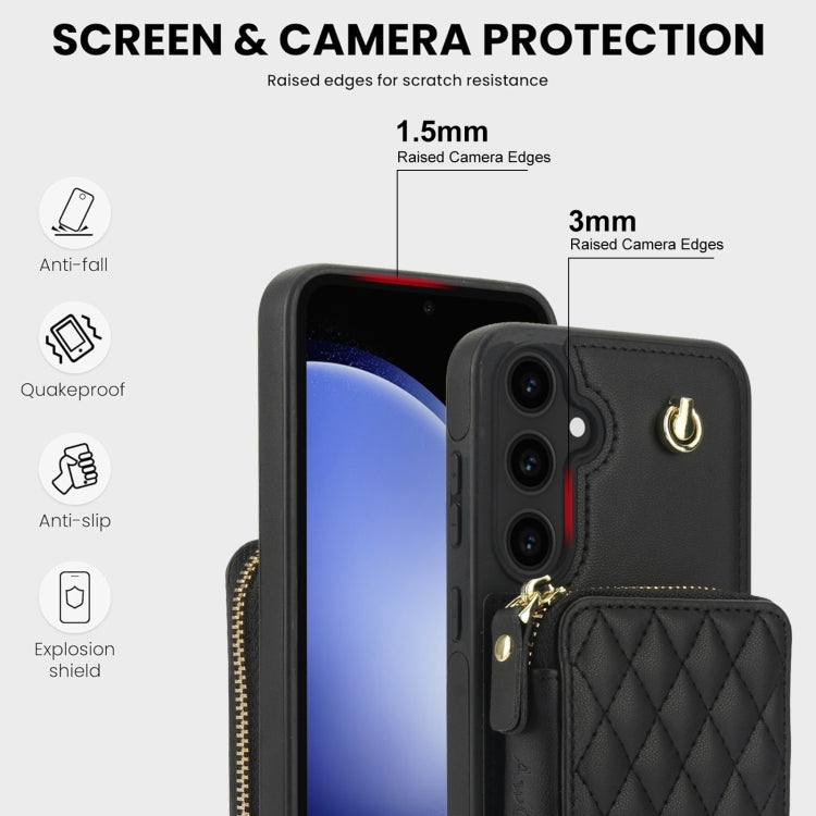 For Samsung Galaxy S23 FE 5G AwQuer Crossbody Zipper Wallet Rhombic Leather Back Phone Case(Black)