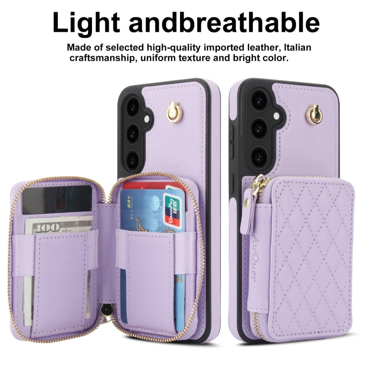 For Samsung Galaxy S23 FE 5G AwQuer Crossbody Zipper Wallet Rhombic Leather Back Phone Case(Purple)
