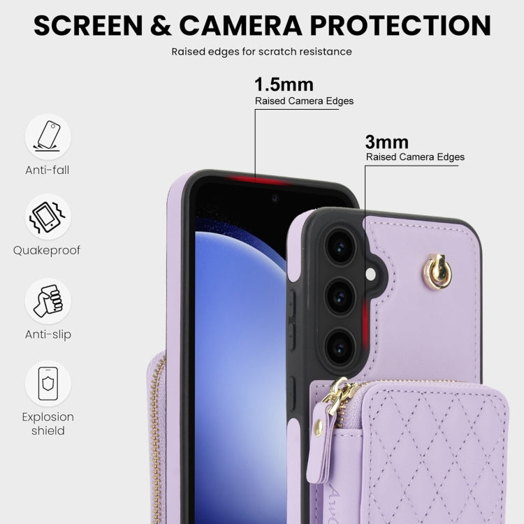 For Samsung Galaxy S23 FE 5G AwQuer Crossbody Zipper Wallet Rhombic Leather Back Phone Case(Purple)