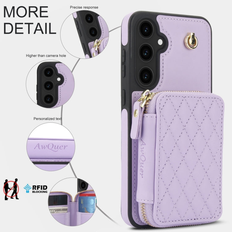 For Samsung Galaxy S23 FE 5G AwQuer Crossbody Zipper Wallet Rhombic Leather Back Phone Case(Purple)