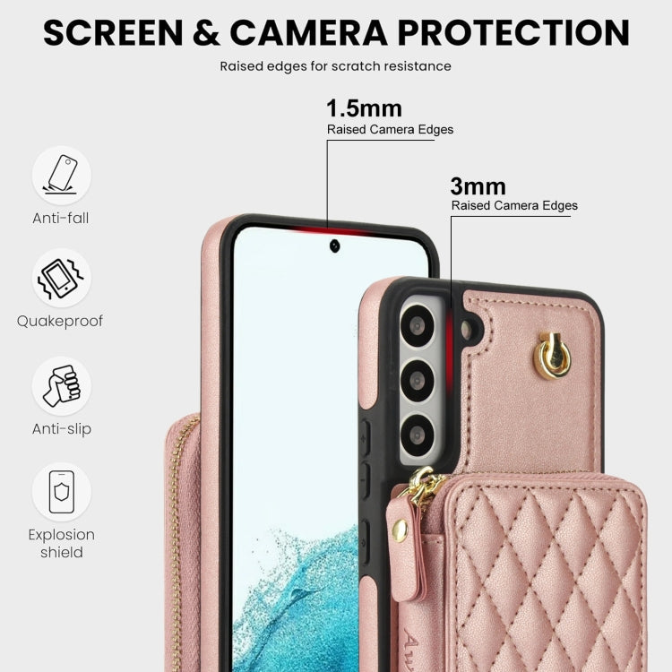 For Samsung Galaxy S22 5G AwQuer Crossbody Zipper Wallet Rhombic Leather Back Phone Case(Rose Gold)