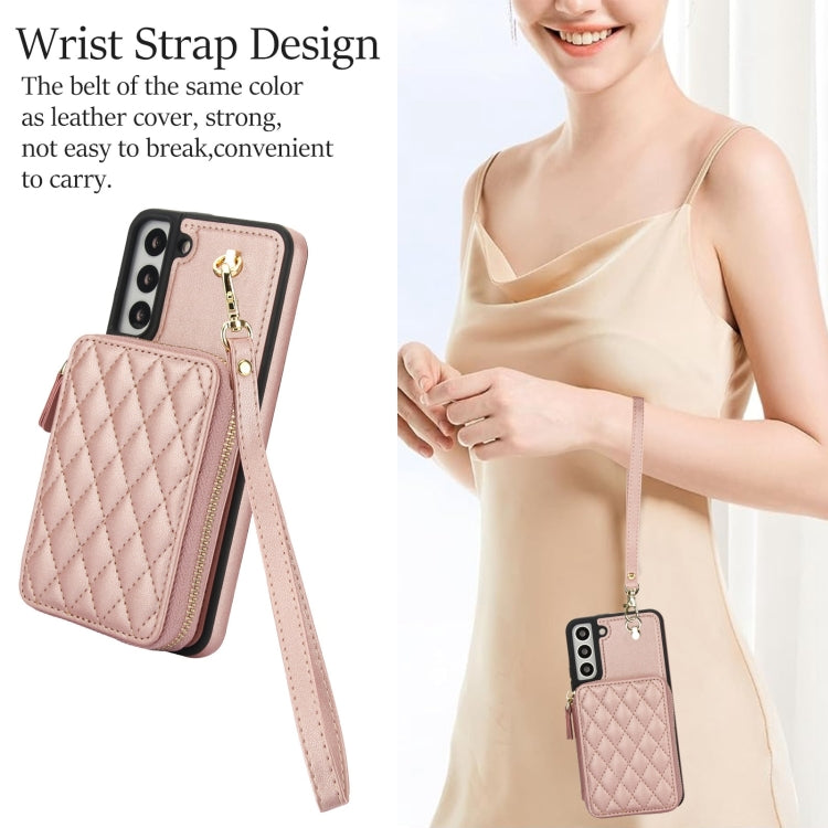 For Samsung Galaxy S22 5G AwQuer Crossbody Zipper Wallet Rhombic Leather Back Phone Case(Rose Gold)