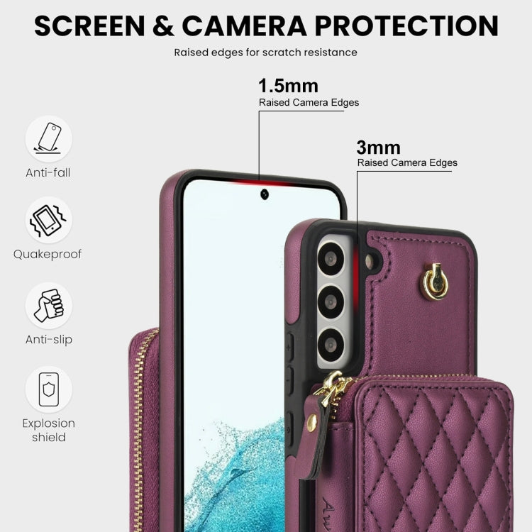 For Samsung Galaxy S22 5G AwQuer Crossbody Zipper Wallet Rhombic Leather Back Phone Case(Dark Purple)