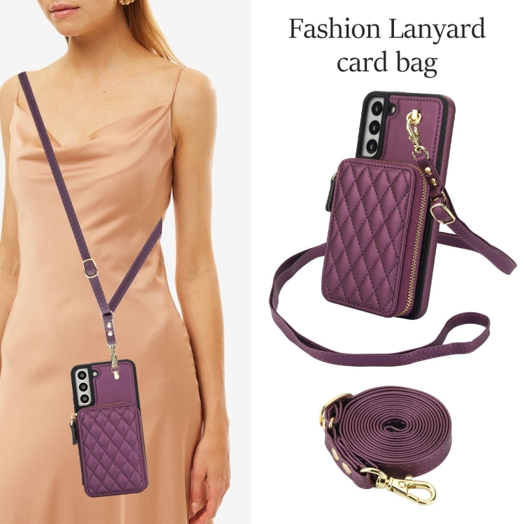 For Samsung Galaxy S22 5G AwQuer Crossbody Zipper Wallet Rhombic Leather Back Phone Case(Dark Purple)