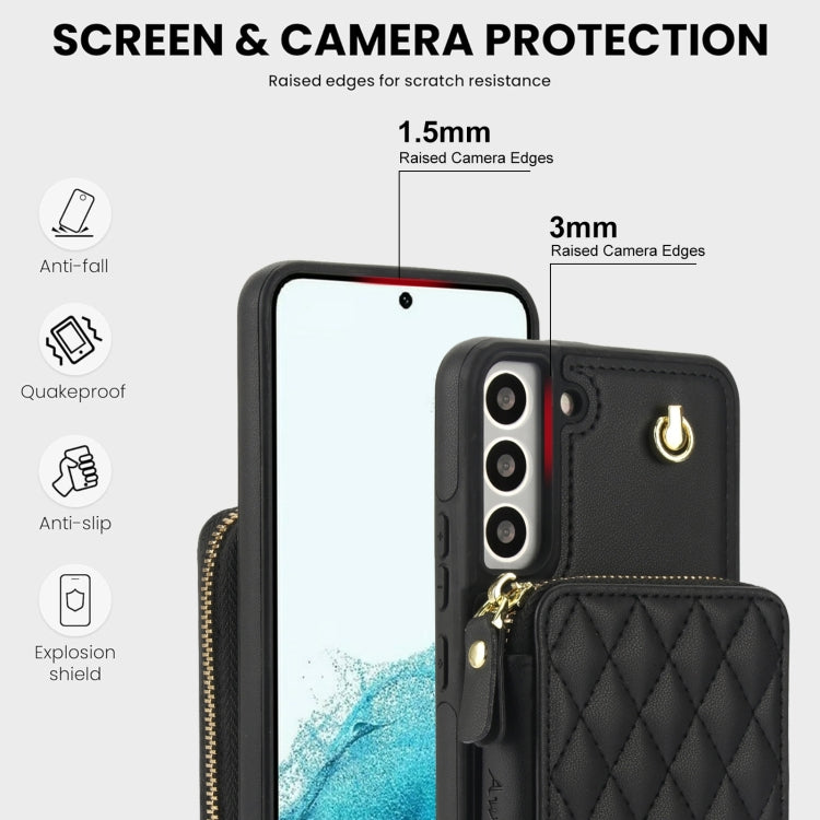 For Samsung Galaxy S22+ 5G AwQuer Crossbody Zipper Wallet Rhombic Leather Back Phone Case(Black)