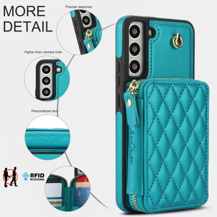 For Samsung Galaxy S22+ 5G AwQuer Crossbody Zipper Wallet Rhombic Leather Back Phone Case(Green)