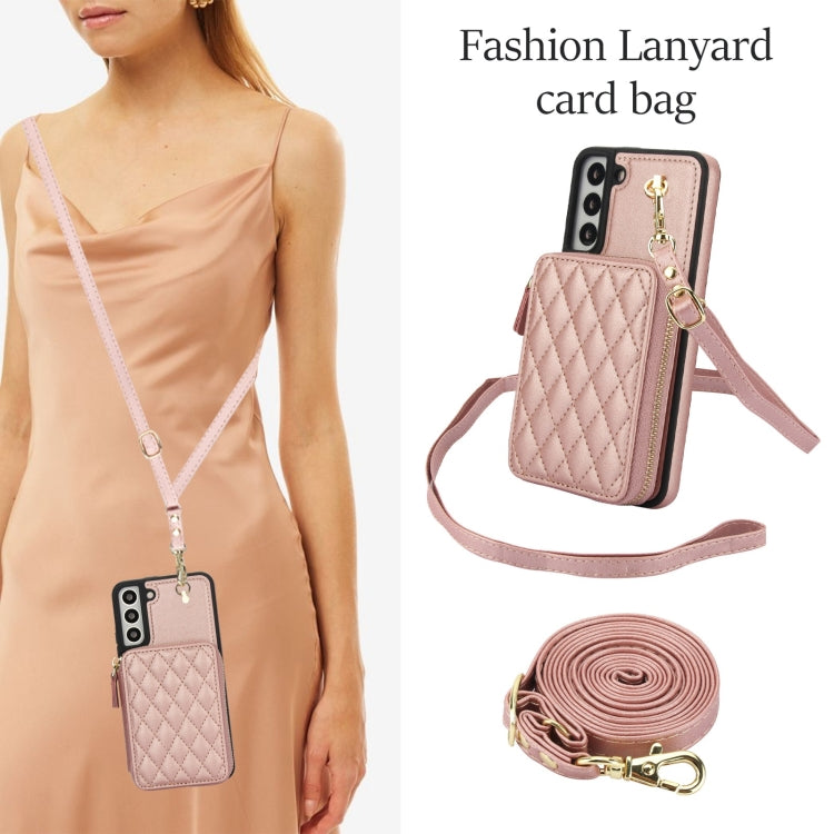 For Samsung Galaxy S22+ 5G AwQuer Crossbody Zipper Wallet Rhombic Leather Back Phone Case(Rose Gold)