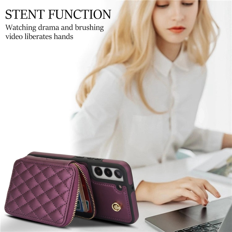 For Samsung Galaxy S22+ 5G AwQuer Crossbody Zipper Wallet Rhombic Leather Back Phone Case(Dark Purple)