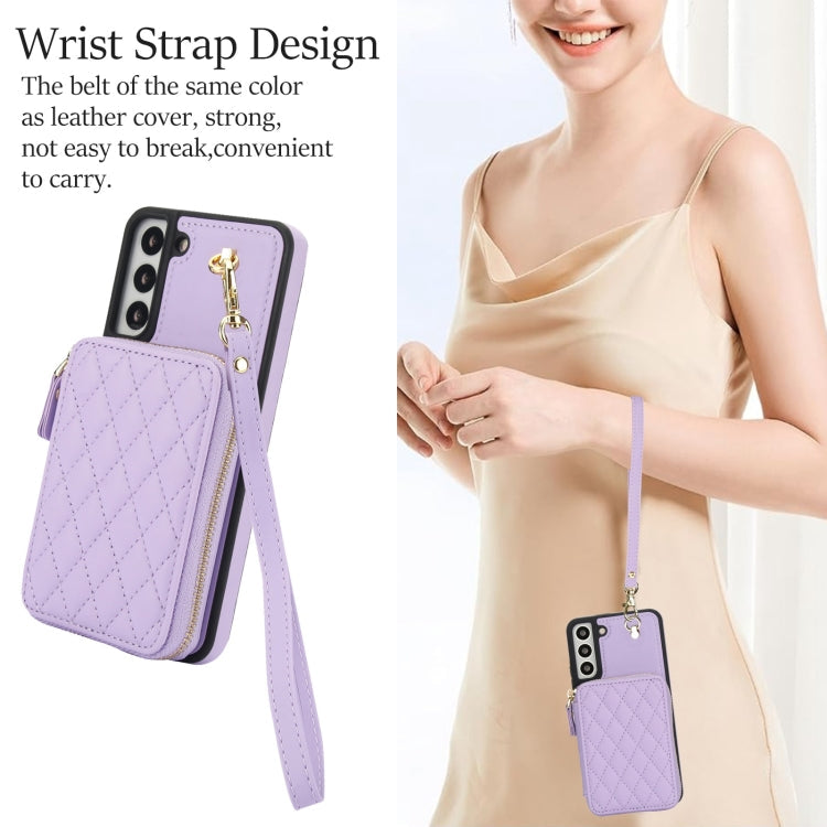 For Samsung Galaxy S22+ 5G AwQuer Crossbody Zipper Wallet Rhombic Leather Back Phone Case(Purple)