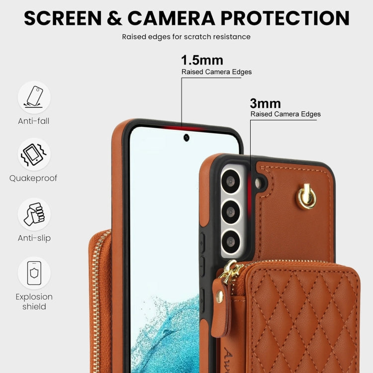 For Samsung Galaxy S22+ 5G AwQuer Crossbody Zipper Wallet Rhombic Leather Back Phone Case(Brown)