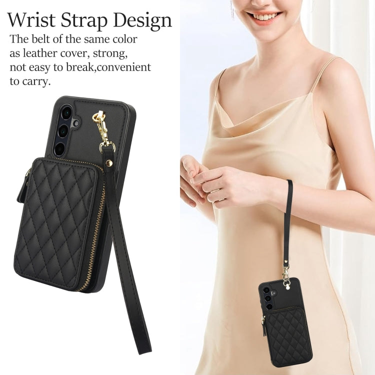 For Samsung Galaxy A55 5G AwQuer Crossbody Zipper Wallet Rhombic Leather Back Phone Case(Black)