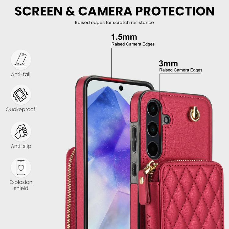 For Samsung Galaxy A55 5G AwQuer Crossbody Zipper Wallet Rhombic Leather Back Phone Case(Red)