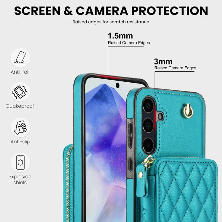 For Samsung Galaxy A55 5G AwQuer Crossbody Zipper Wallet Rhombic Leather Back Phone Case(Green)