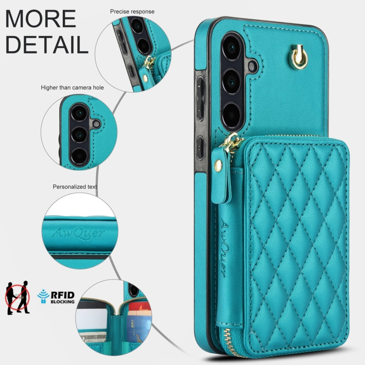 For Samsung Galaxy A55 5G AwQuer Crossbody Zipper Wallet Rhombic Leather Back Phone Case(Green)