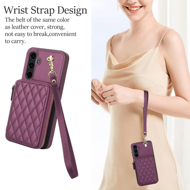 For Samsung Galaxy A55 5G AwQuer Crossbody Zipper Wallet Rhombic Leather Back Phone Case(Dark Purple)