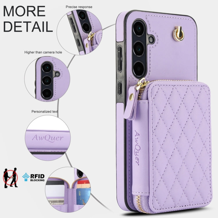 For Samsung Galaxy A55 5G AwQuer Crossbody Zipper Wallet Rhombic Leather Back Phone Case(Purple)