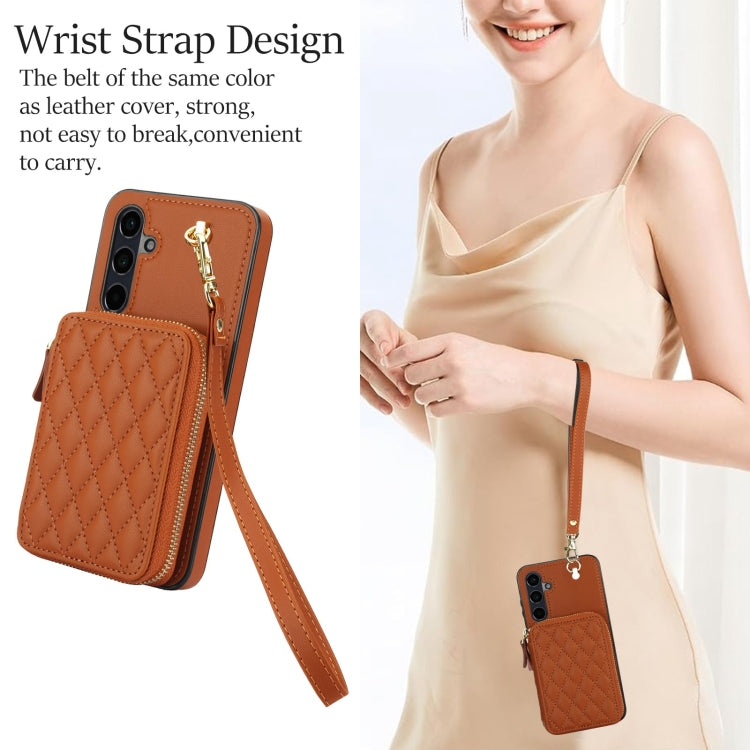 For Samsung Galaxy A55 5G AwQuer Crossbody Zipper Wallet Rhombic Leather Back Phone Case(Brown)