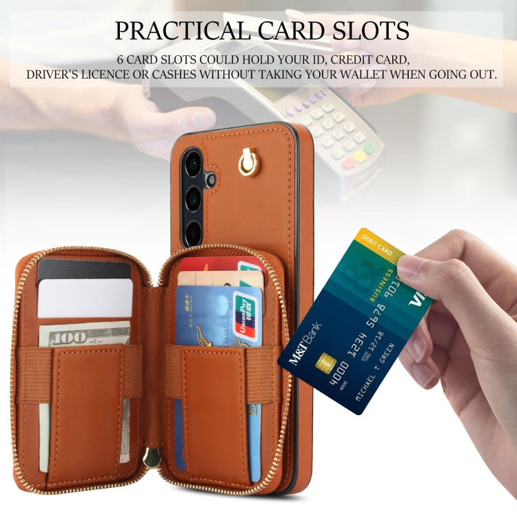 For Samsung Galaxy A55 5G AwQuer Crossbody Zipper Wallet Rhombic Leather Back Phone Case(Brown)