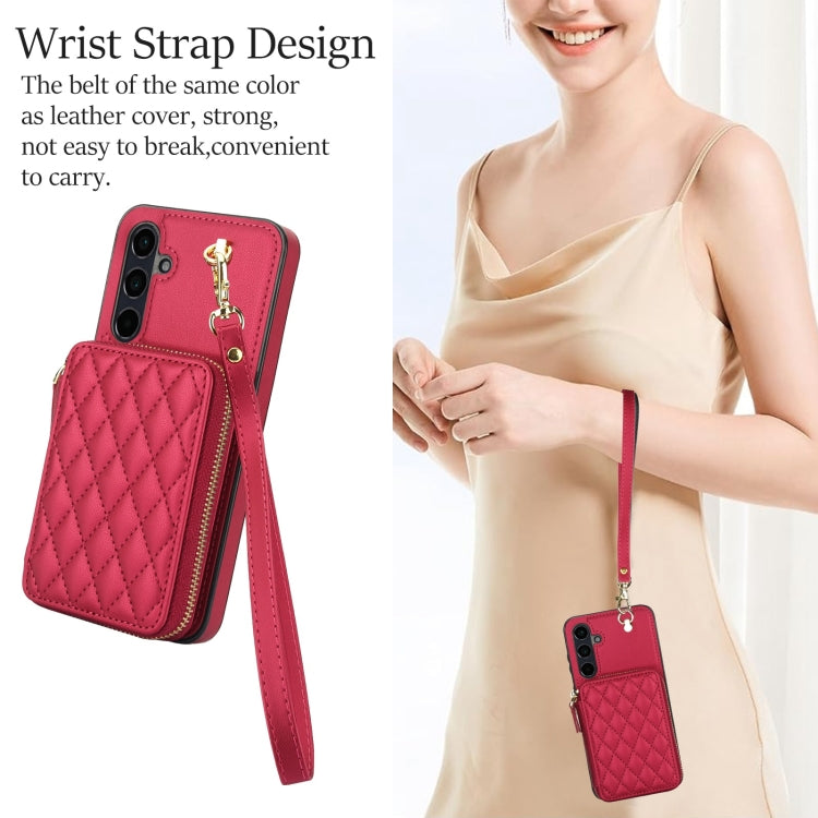 For Samsung Galaxy A35 5G AwQuer Crossbody Zipper Wallet Rhombic Leather Back Phone Case(Red)