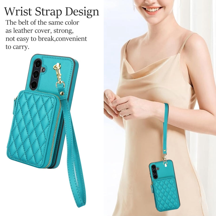 For Samsung Galaxy A35 5G AwQuer Crossbody Zipper Wallet Rhombic Leather Back Phone Case(Green)
