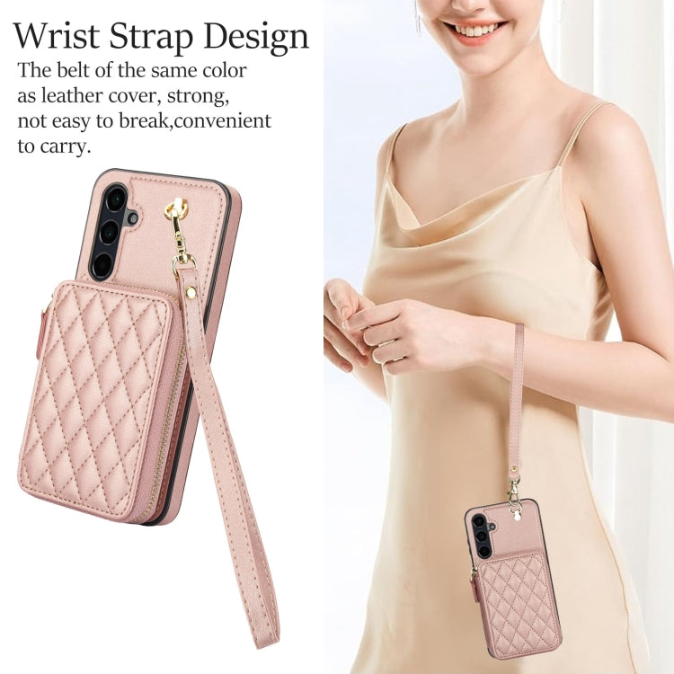 For Samsung Galaxy A35 5G AwQuer Crossbody Zipper Wallet Rhombic Leather Back Phone Case(Rose Gold)