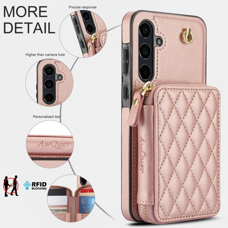 For Samsung Galaxy A35 5G AwQuer Crossbody Zipper Wallet Rhombic Leather Back Phone Case(Rose Gold)