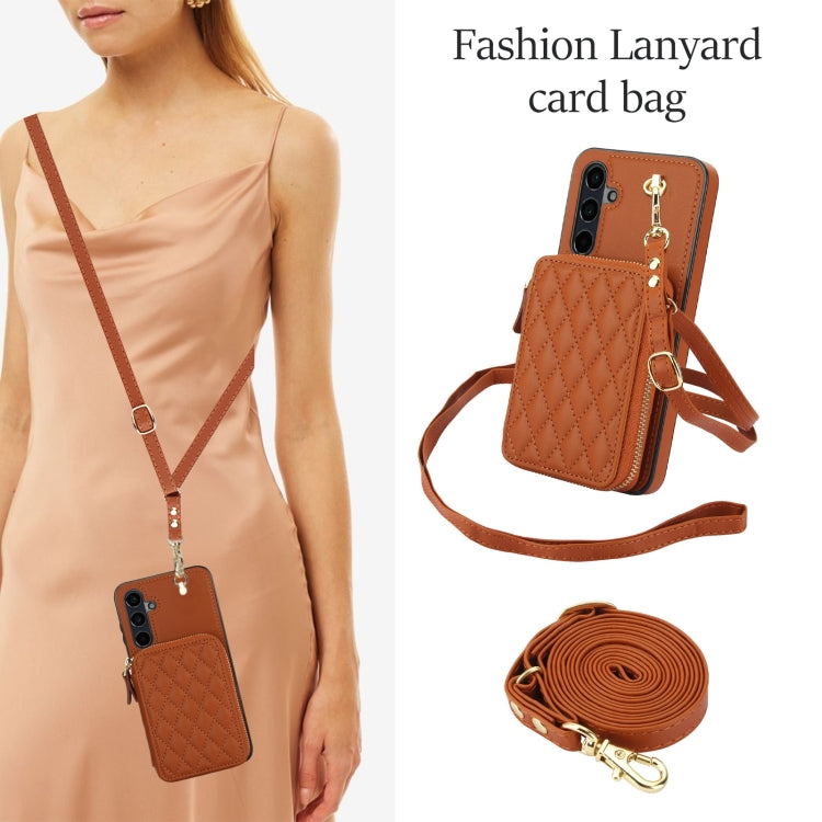 For Samsung Galaxy A35 5G AwQuer Crossbody Zipper Wallet Rhombic Leather Back Phone Case(Brown)