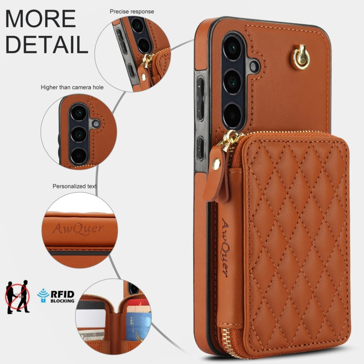 For Samsung Galaxy A35 5G AwQuer Crossbody Zipper Wallet Rhombic Leather Back Phone Case(Brown)