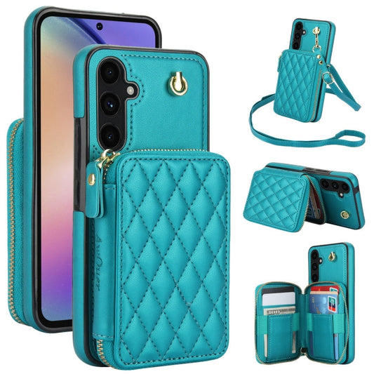 For Samsung Galaxy A54 4G / 5G AwQuer Crossbody Zipper Wallet Rhombic Leather Back Phone Case(Green)