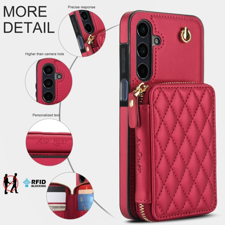 For Samsung Galaxy A15 4G / 5G AwQuer Crossbody Zipper Wallet Rhombic Leather Back Phone Case(Red)