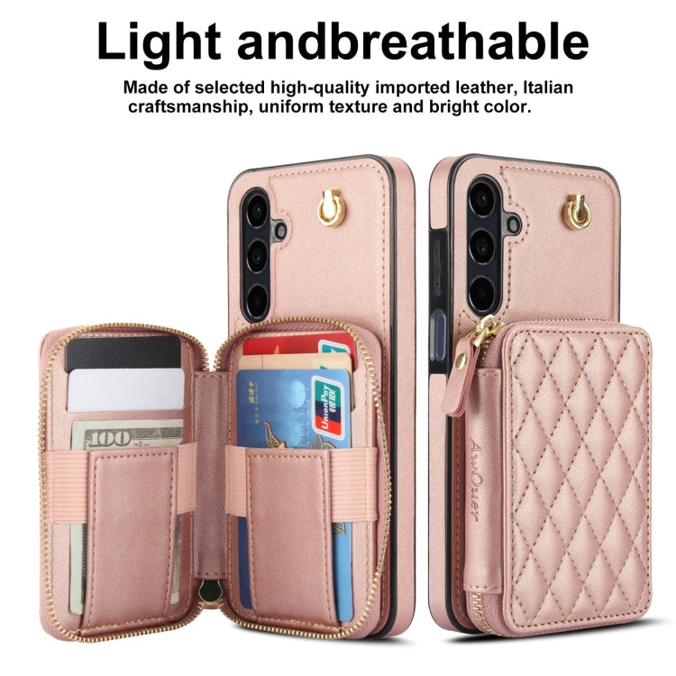 For Samsung Galaxy A15 4G / 5G AwQuer Crossbody Zipper Wallet Rhombic Leather Back Phone Case(Rose Gold)