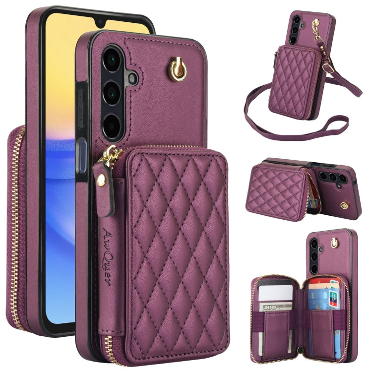 For Samsung Galaxy A15 4G / 5G AwQuer Crossbody Zipper Wallet Rhombic Leather Back Phone Case(Dark Purple)