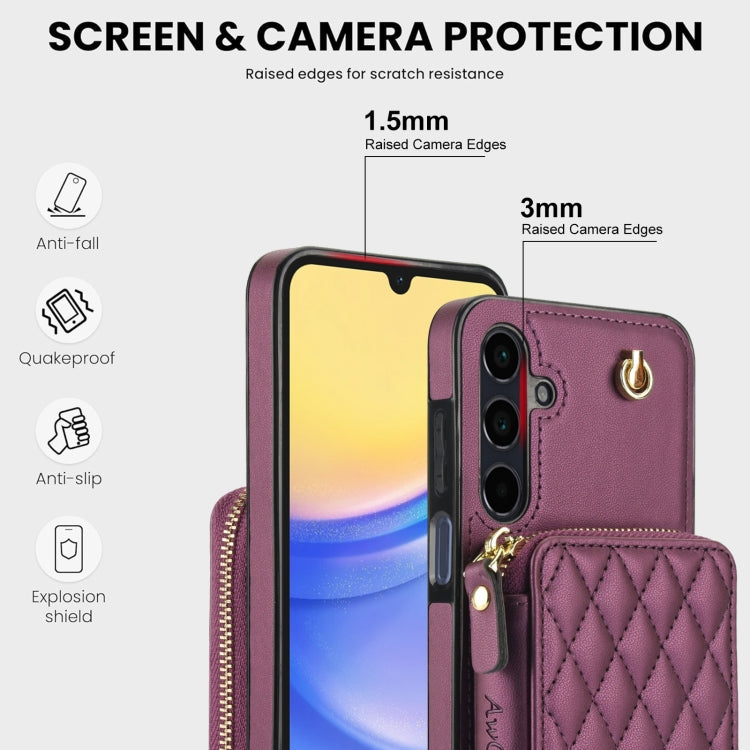 For Samsung Galaxy A15 4G / 5G AwQuer Crossbody Zipper Wallet Rhombic Leather Back Phone Case(Dark Purple)