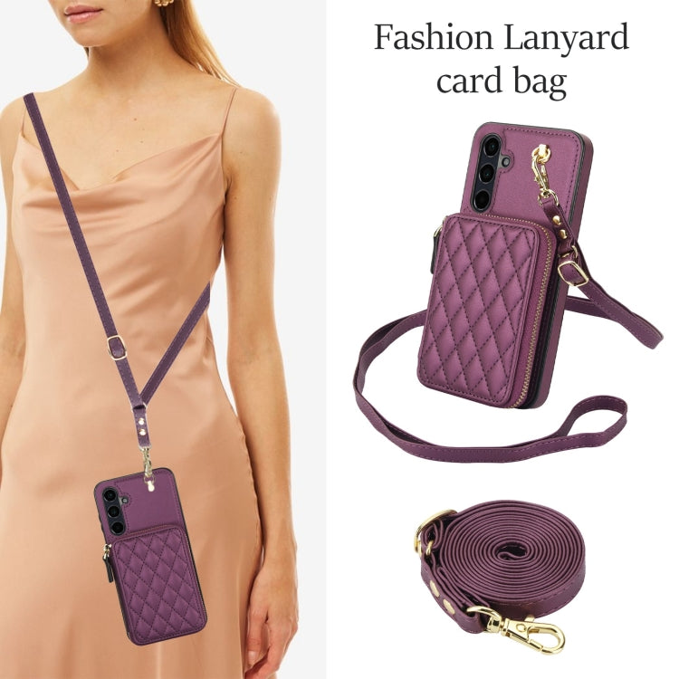 For Samsung Galaxy A15 4G / 5G AwQuer Crossbody Zipper Wallet Rhombic Leather Back Phone Case(Dark Purple)