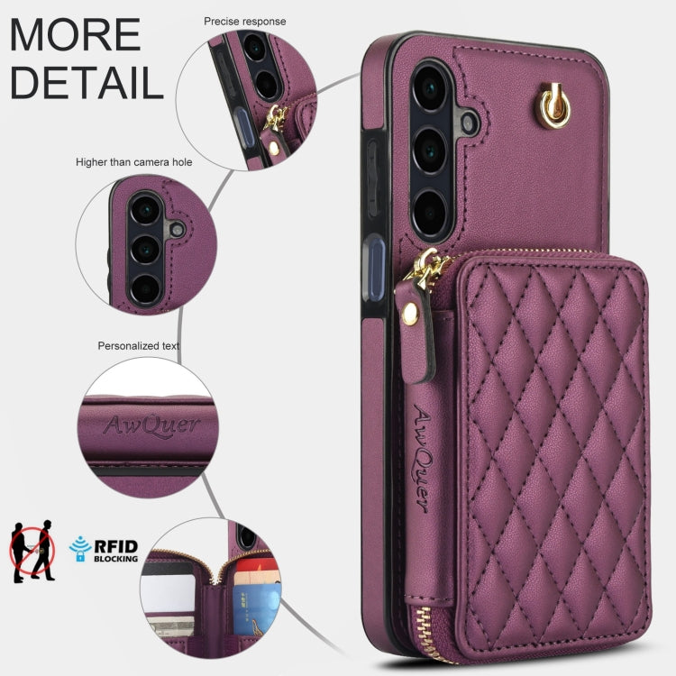 For Samsung Galaxy A15 4G / 5G AwQuer Crossbody Zipper Wallet Rhombic Leather Back Phone Case(Dark Purple)