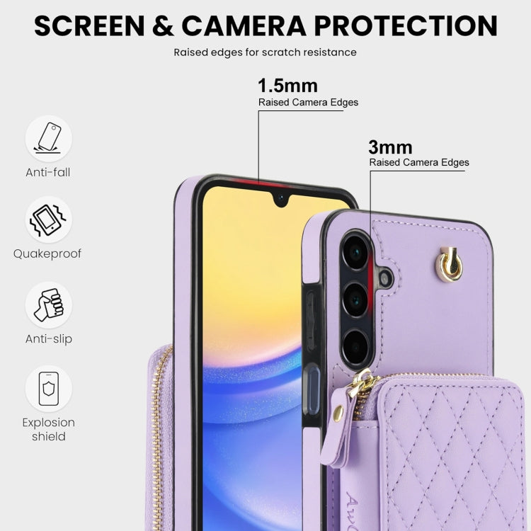 For Samsung Galaxy A15 4G / 5G AwQuer Crossbody Zipper Wallet Rhombic Leather Back Phone Case(Purple)