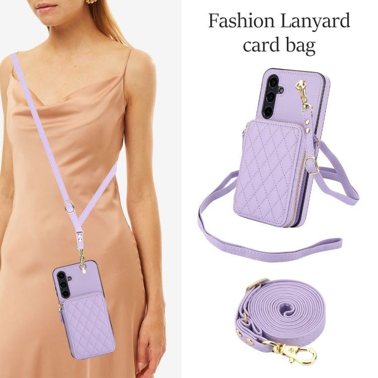 For Samsung Galaxy A15 4G / 5G AwQuer Crossbody Zipper Wallet Rhombic Leather Back Phone Case(Purple)