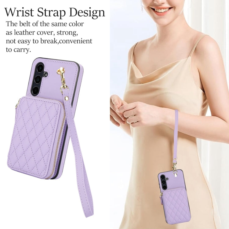 For Samsung Galaxy A15 4G / 5G AwQuer Crossbody Zipper Wallet Rhombic Leather Back Phone Case(Purple)