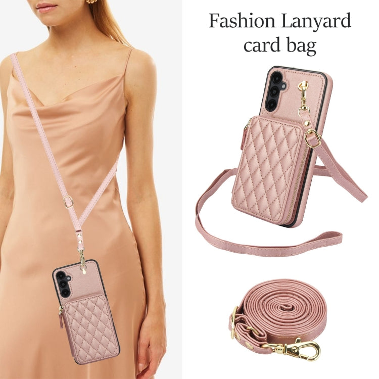For Samsung Galaxy A14 4G / 5G AwQuer Crossbody Zipper Wallet Rhombic Leather Back Phone Case(Rose Gold)