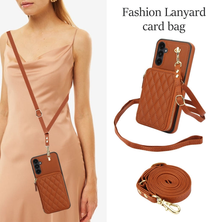 For Samsung Galaxy A14 4G / 5G AwQuer Crossbody Zipper Wallet Rhombic Leather Back Phone Case(Brown)