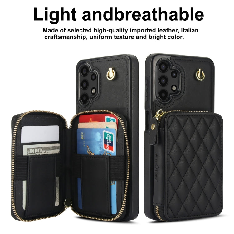For Samsung Galaxy A13 4G / 5G AwQuer Crossbody Zipper Wallet Rhombic Leather Back Phone Case(Black)