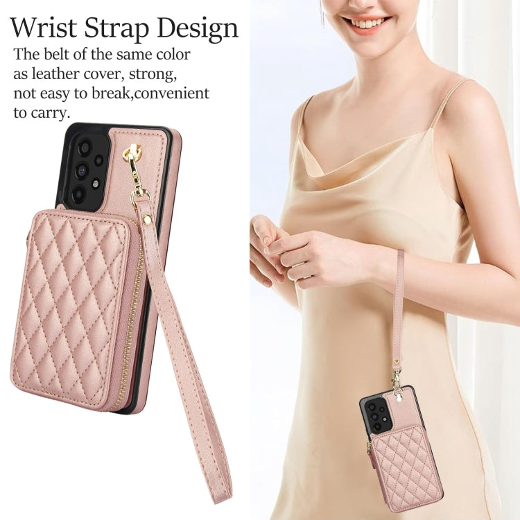 For Samsung Galaxy A53 4G / 5G AwQuer Crossbody Zipper Wallet Rhombic Leather Back Phone Case(Rose Gold)
