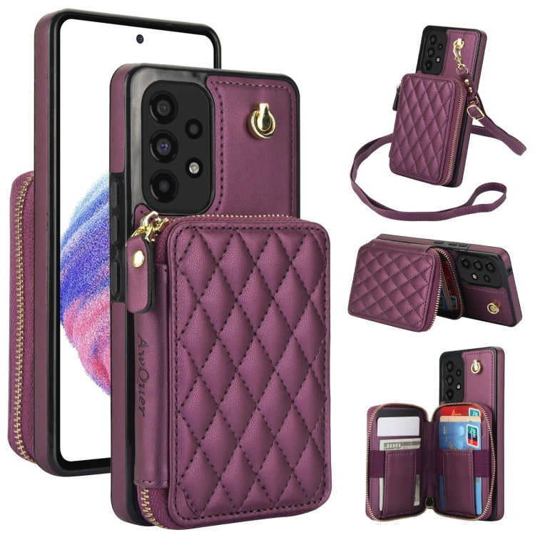 For Samsung Galaxy A53 4G / 5G AwQuer Crossbody Zipper Wallet Rhombic Leather Back Phone Case(Dark Purple)