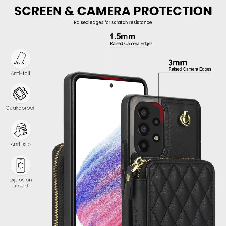 For Samsung Galaxy A73 4G / 5G AwQuer Crossbody Zipper Wallet Rhombic Leather Back Phone Case(Black)