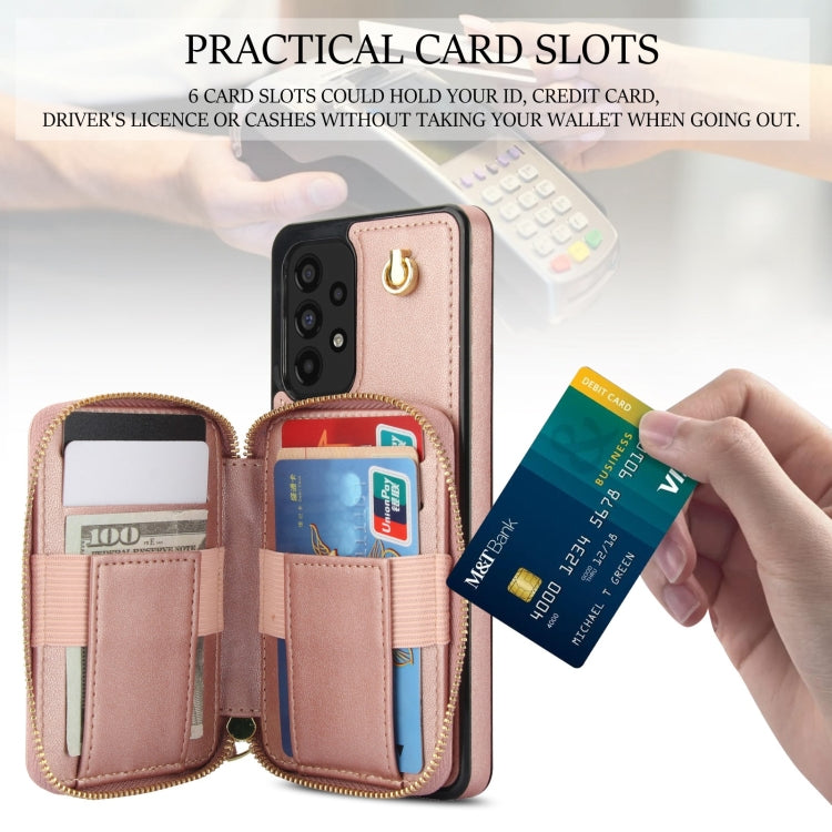 For Samsung Galaxy A73 4G / 5G AwQuer Crossbody Zipper Wallet Rhombic Leather Back Phone Case(Rose Gold)