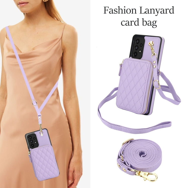 For Samsung Galaxy A73 4G / 5G AwQuer Crossbody Zipper Wallet Rhombic Leather Back Phone Case(Purple)