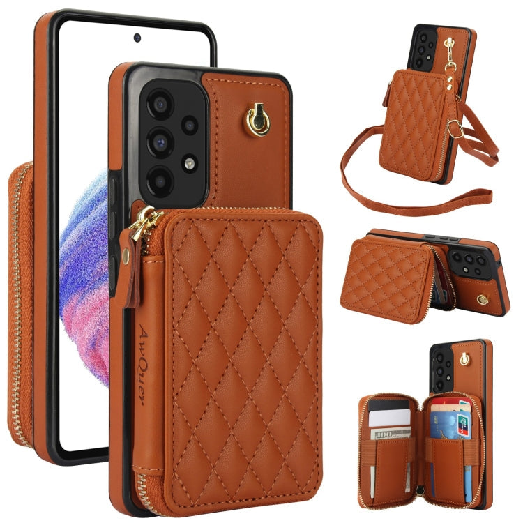 For Samsung Galaxy A73 4G / 5G AwQuer Crossbody Zipper Wallet Rhombic Leather Back Phone Case(Brown)