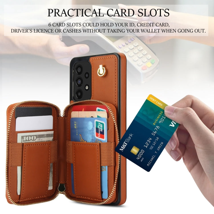 For Samsung Galaxy A73 4G / 5G AwQuer Crossbody Zipper Wallet Rhombic Leather Back Phone Case(Brown)