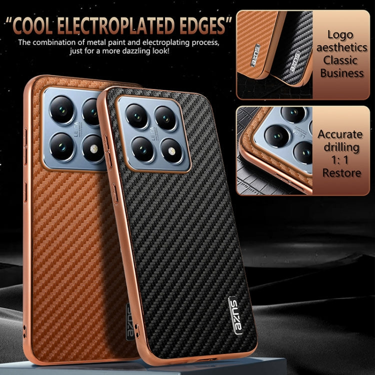 For Xiaomi 14T AZNS Electroplated Edge Carbon Fiber Texture Phone Case(Brown)